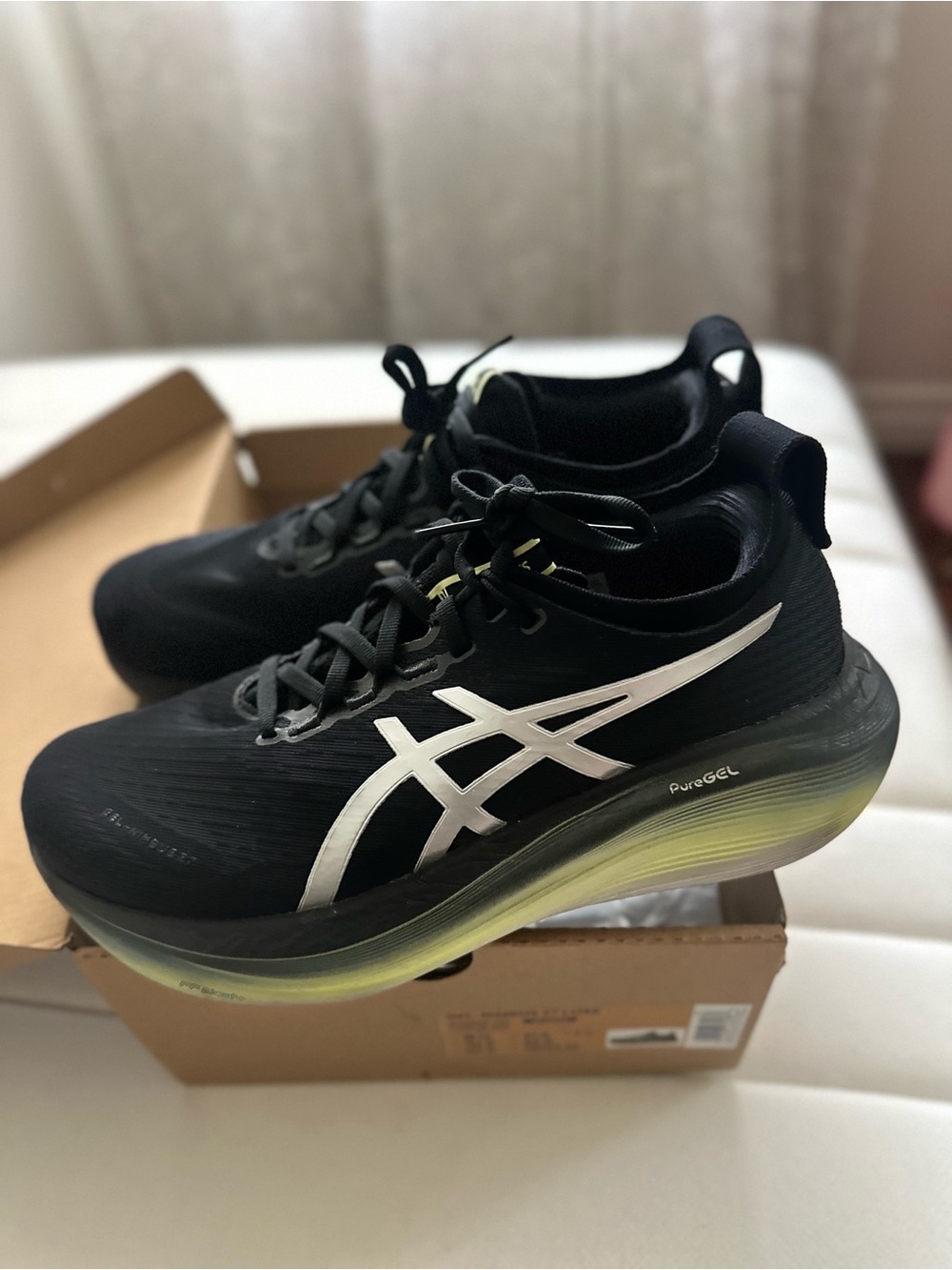 Asics Black Running Shoes with White Stripes and Lime Gradient Sole